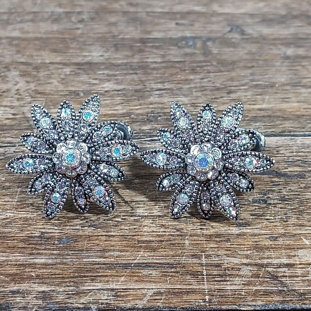 Joan Rivers Rhinestone Flower Screw Back Earrings Silver Tone Floral Signed